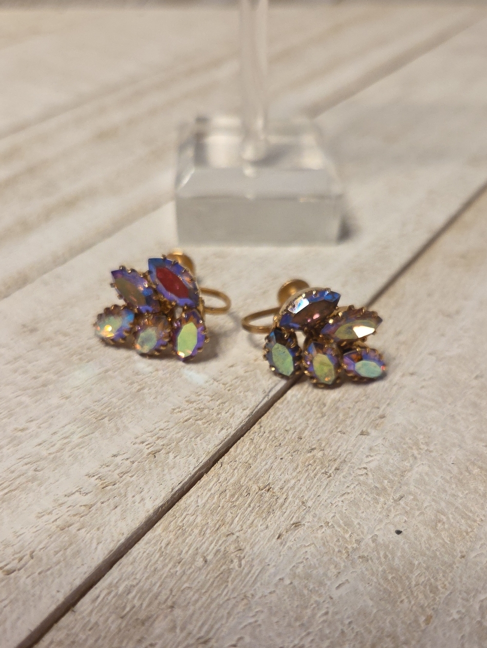 Vintage AB Shiny Coloured Stones Faux Gold  Screw On Earrings